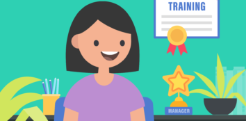 Illustration of a woman at her desk with a training completion certificate on the wall.